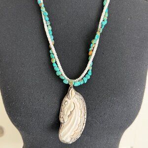 Turquoise & Akoya Pearl Necklace w/Carved Bone Horse Pendant 24 Inches in Length